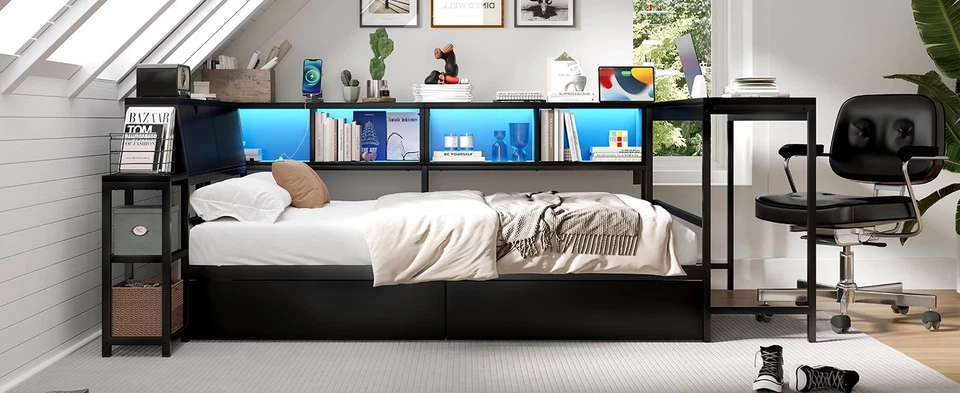 Marco de cama tamaño doble con estantería, cama esquinera moderna cama doble con luz LED Foto 2 de 4