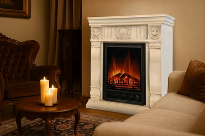 abc HOME Elektrischer Kamin „Löwe“ Klassisch Weiß – Monumentales Design