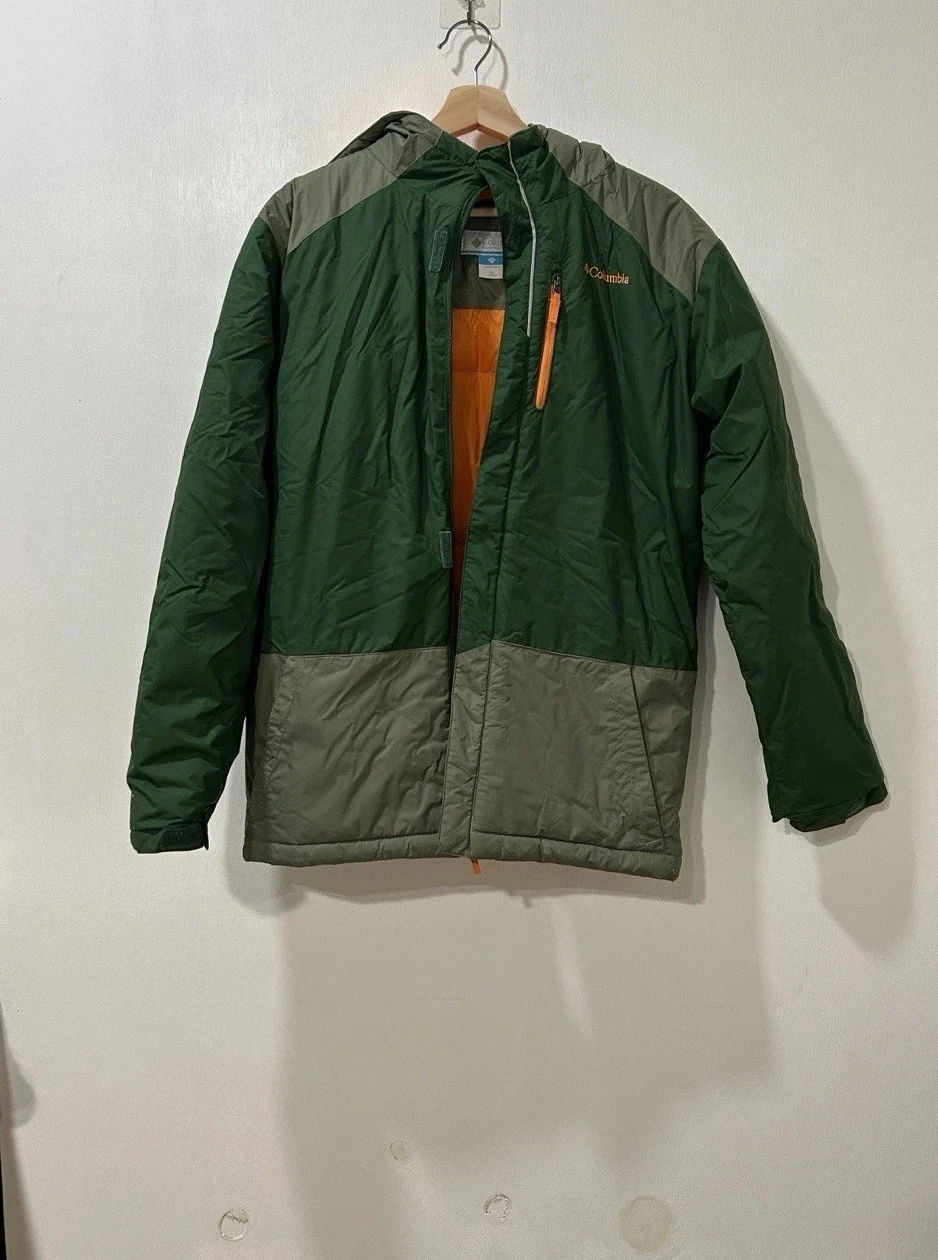 COLUMBIA YOUTH PERFORMANCE RAIN HOODED JACKET SAGE GREEN ORANGE Sz XL