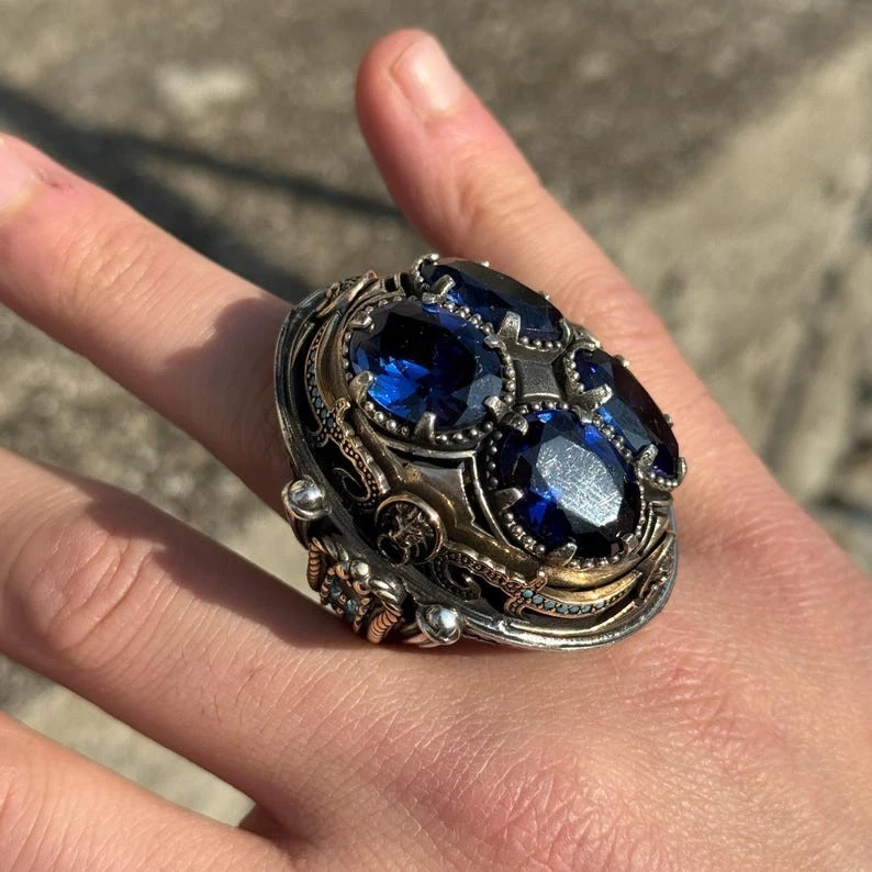 Anillo de zafiro y aguamarina turco hecho a mano con piedra de zafiro oscuro 925 para hombre Foto 3 de 4