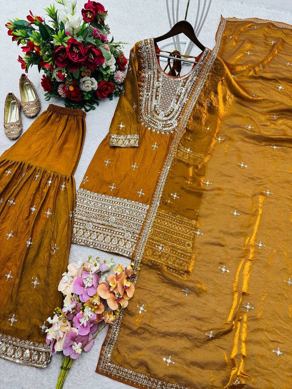 New Mustard Yellow Fendy Silk Top Palazzo With Dupatta For Women & Girls Wear thumbnail 9