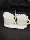 VTG Fenton Hobnail Milk Glass Sugar Bowl & Creamer Set W/ Serving Tray 3906 3917