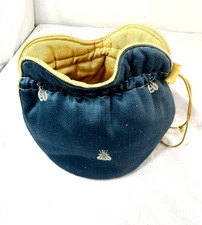 Vtg Tea Pot Warmer Cozy Padded Blue Gold Drawstring Toggle 7 Honey Bees FreeShip