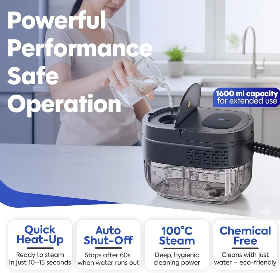 Pulitore a Vapore, Manico Regolabile a 3 Livelli, Serbatoio da 1,6L, Riscaldamento 15s, Portatile...  - Immagine 3 di 4