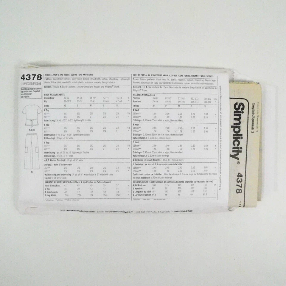 Simplicity 4378 Unisex Scrubs Tops Pants Pattern Size Uncut Pockets Drawstring - Image 4 of 4