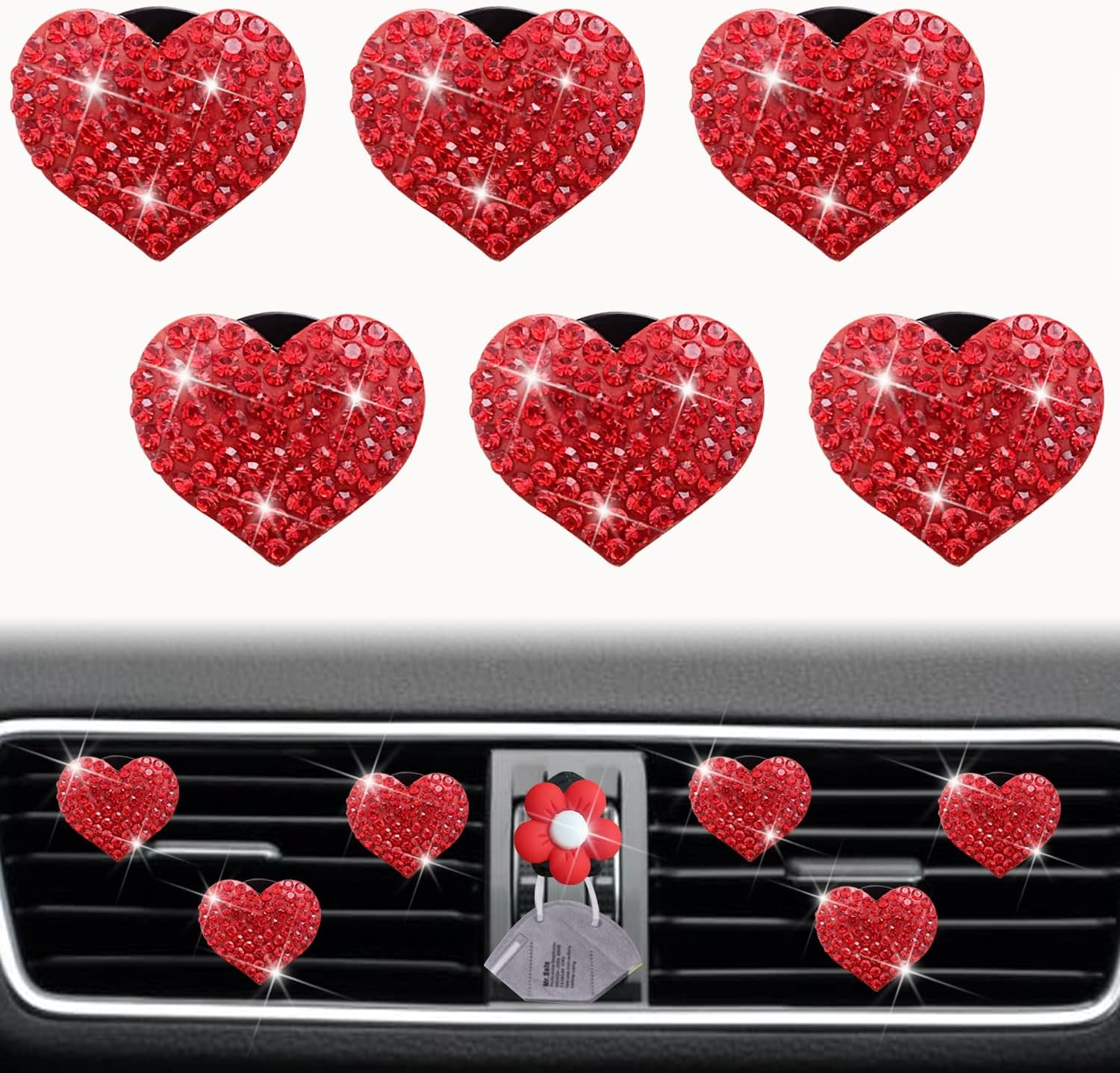 Bling Heart Air Vent Clips, 6 Pcs Red Heart Car Air Fresheners Vents Clips Car D