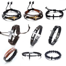 Religious Braided Leather Cross Charm Men Bracelet Bangle Christian Prayer Gift