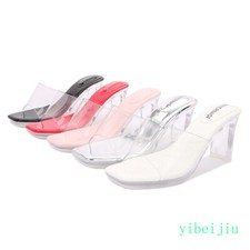 Women's Crystal Clear High Heel PVC Transparent Mules Slides Sandals Dress Shoes