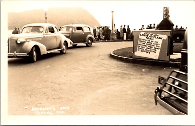 RPPC End of Lewis & Clark Trail Seaside OR  Old Cars Real Photo Postcard D10