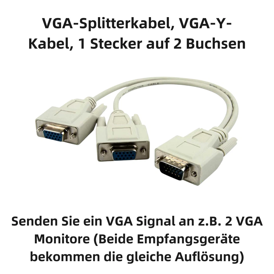 J14 VGA Y-Kabel Adapter 1x2 Splitter, 1 Stecker auf 2 Buchsen, 30 cm für PC & TV - Bild 2 von 4