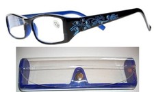 BLUE RHINESTONE Stylish READERS CASE EYE GLASSES 5.00 STRENGTH Spring Hinges