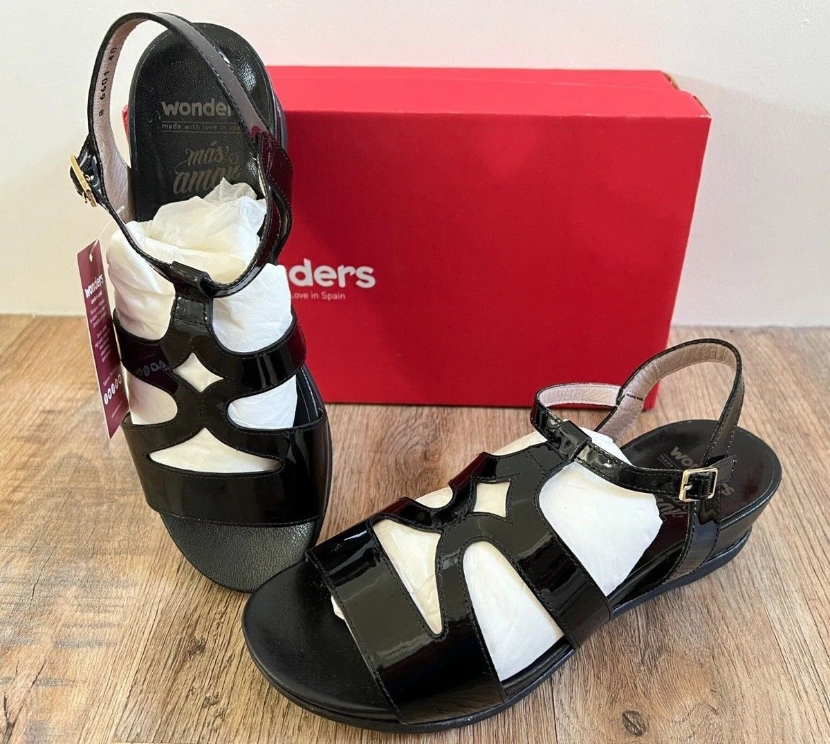 WONDERS Black Patent Leather Wedge Sandals UK Size 9 NEW Ladies