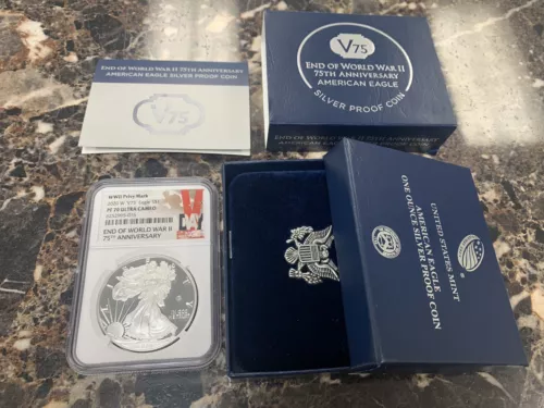 2020 W End of WWII 75th Anniversary American 1 Oz Silver Eagle "V75" NGC PF70 UC