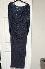 R M Richards Navy Silver Sequin Sheath Dress 16 Long Sleeve V-Neck Ruched Lined