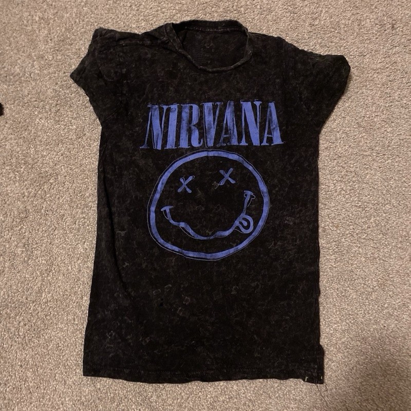 Nirvana Black Graphic T-Shirt Blue Smiley Face Logo Rock & Pop Music