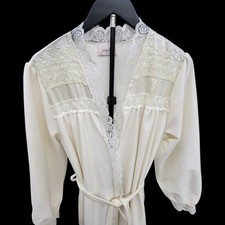 Vintage Jaclyn Smith Womens Robe Large White Lace Satin Trim Peignoir USA