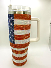 USA  Rhinestone American Flag Tumbler With Handle & Lid 40 Oz Stainless