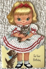 Vintage Birthday Girl Blonde Hold Kitten Cat Polka Dot Dress Greeting Card 1960s