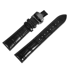 Leather Band Deployment Buckle Watch Strap 21mm Leather Strap, Black/Black