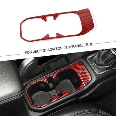 For 18-2023 Jeep Wrangler JL Red Carbon Front Water Cup Holder Cover Trim Decor