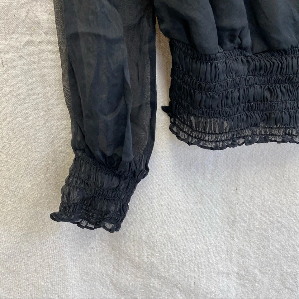 Halston Heritage Top campesino sobrepelliz de seda negro con banda/puños ajustados talla 0 Foto 4 de 4