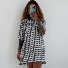 Ladies Collared Mini Dress Cream Black Print Short Sleeved Lightweight Size 10