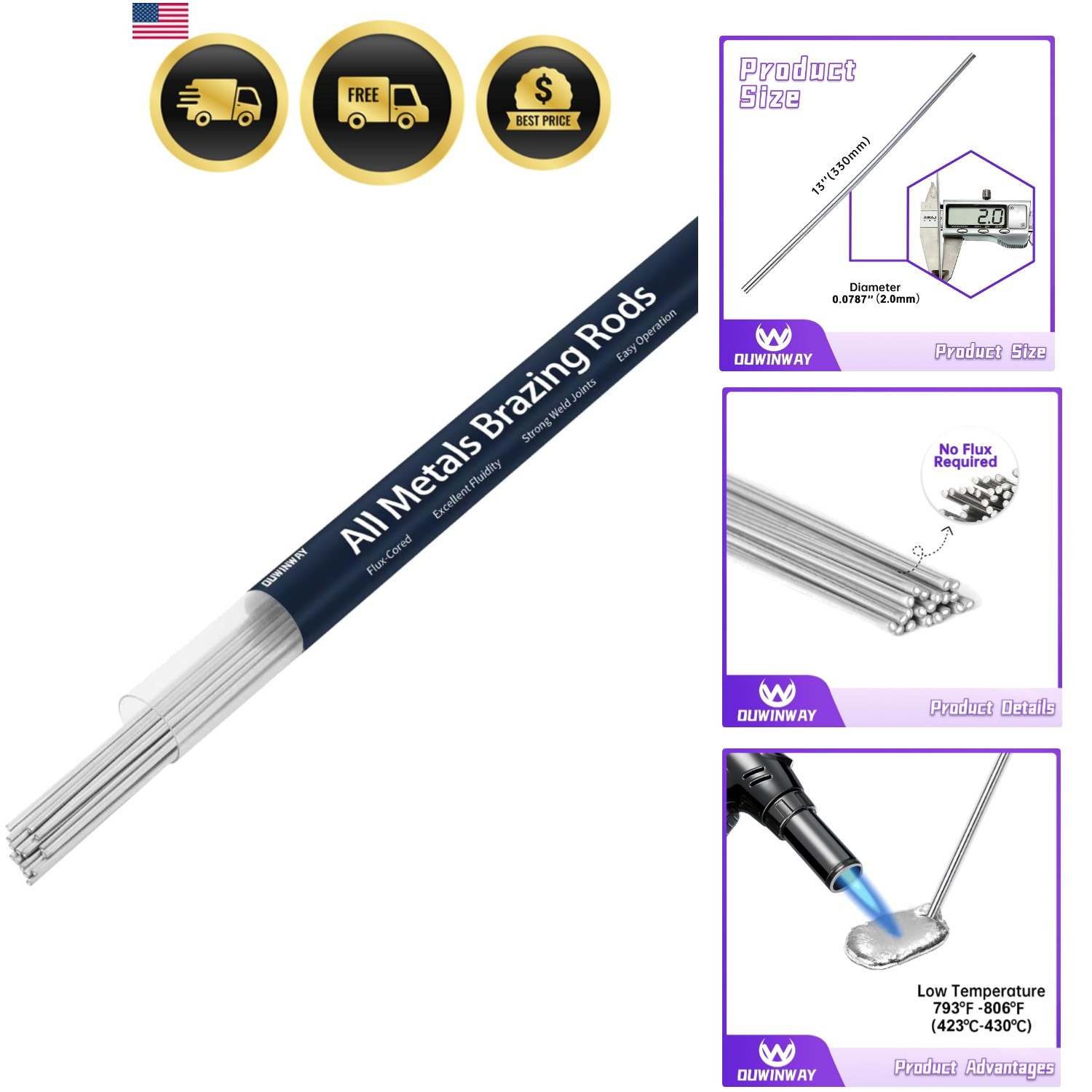 Varillas de soldadura de metal 20 piezas núcleo de fundente de soldadura de reparación de aluminio para antorcha de propano