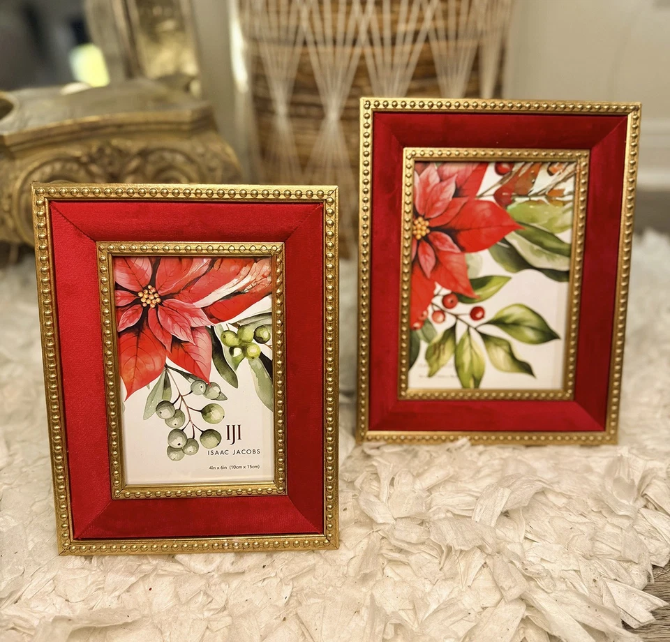 Marco de fotos dorado estilo vintage terciopelo decoración ornamentada 5x7 borde dorado con cuentas Foto 4 de 4