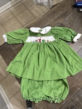 Vtg Petit Ami 3 Months Santa Christmas Holiday Smocking Green Baby Girl Dress