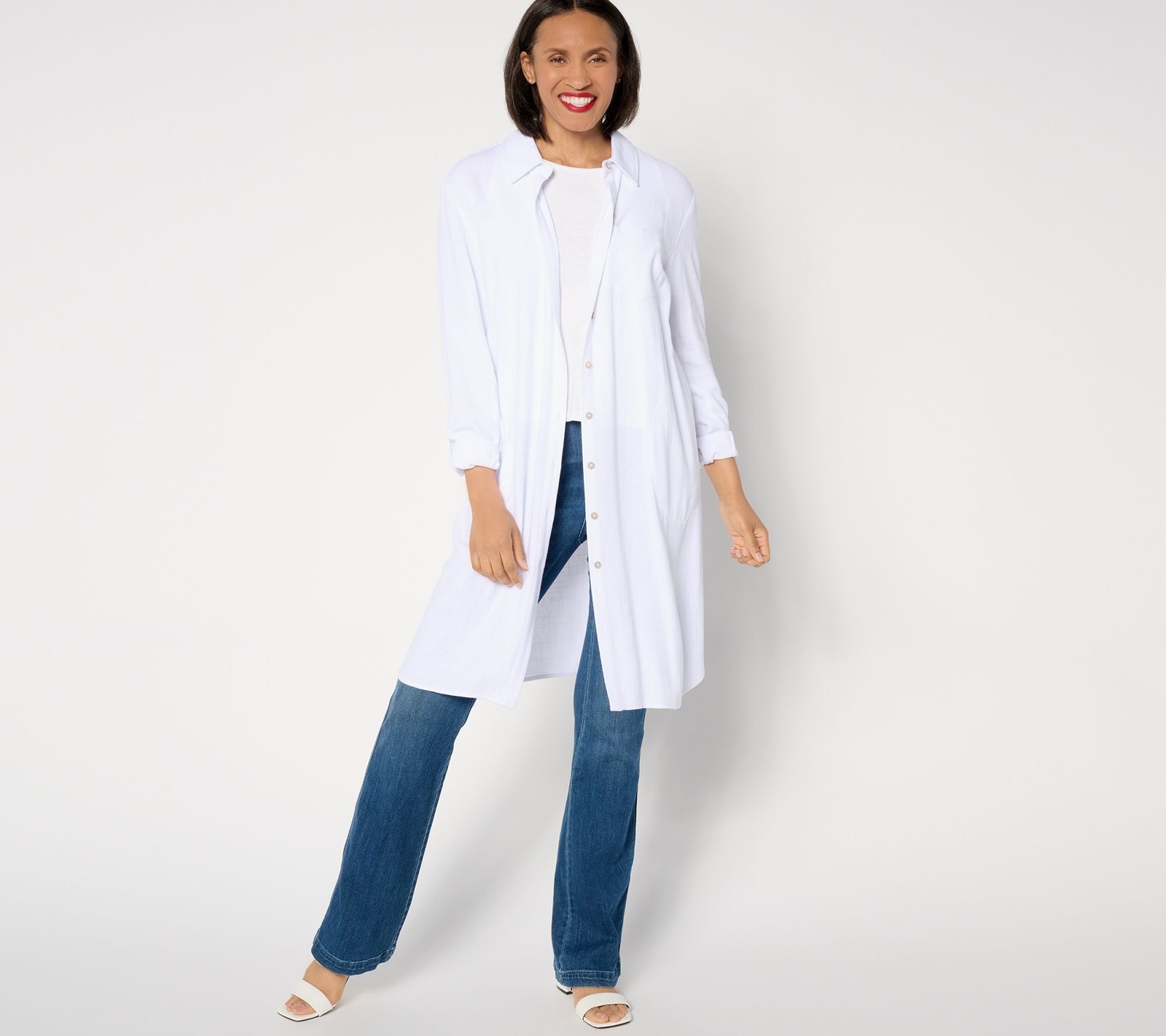 Susan Graver Women's Top Petite PXL PURE Linen Blend Button Front White A644497