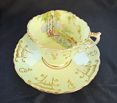 Aynsley Bone China Teacup & Saucer  Woodland Scene  C902/2   Yellow, Gold Scroll