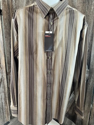 Perry Ellis AMERICA Mens XXL Brown Striped Long Sleeve Button Down Shirt
