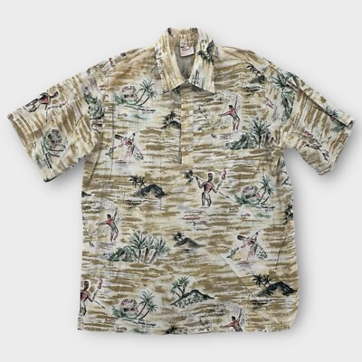 Vintage Go Barefoot Hawaiian Shirt Mens Large Beige Spear Fishing Graphic Aloha