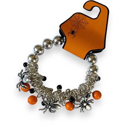Chunky Halloween Spider Charm Bracelet Sz OS Stretch Silver Orange Black Beaded 