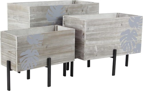 43690 Rustic Wood and Metal Planters with Stands, 12" W x 19" H, Gray, Black, Br