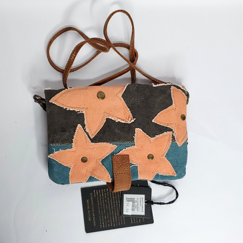 Mona B Canvas Crossbody Purse Starfish Stars Fold Over Black Peach Blue - Picture 3 of 4