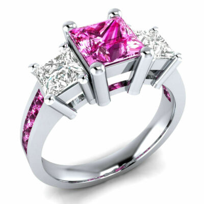 2.50Ct Pink Princess Sapphire Simulated Diamond Engagement Ring 14K White Gold
