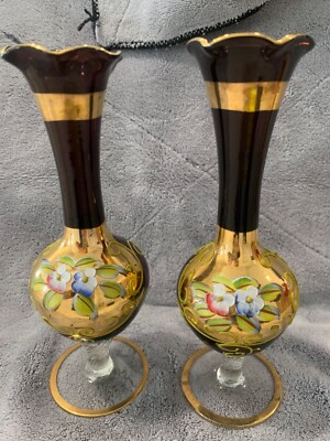 Vintage Pair Czech/Bohemian Amethyst Hand Painted Bud Vase