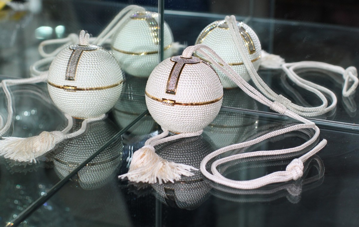 Judith Leiber Crystal Bag Temari Ball Tassel PEARL IVORY