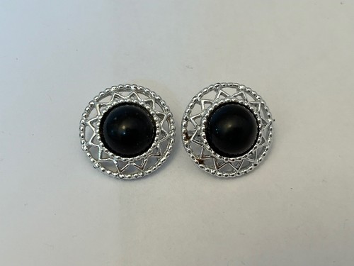 Sarah Coventry Orecchini Vintage Clip On 1" Nero Cabochon Tono Argento E2