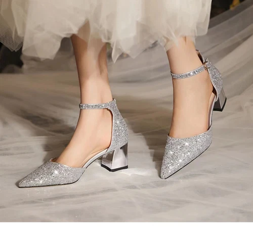 Women Sequins Thick High Heels Ankle Strap Luxury Pumps Wedding arty Shoes - Bild 7 von 17