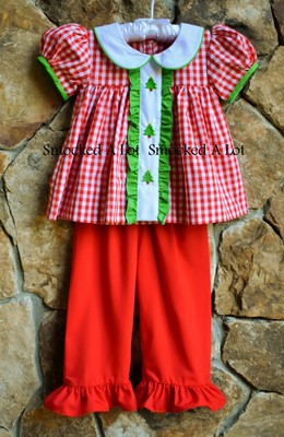 Smocked A Lot Girls Christmas Tree Red Green Plaid Flutter Dress Santa Outfit