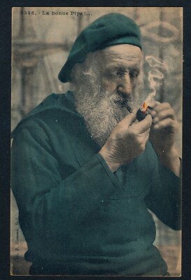 Vintage French PC Old Bearded Man Smoking Pipe Beret ''La Bonne Pipe'' Hamonic