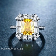 2.50CT Radiant Cut Real Citrine Engagement Wedding Ring 14K White Gold Finish