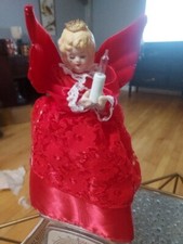 VINTAGE Porcelain Red and lace Dress Angel Christmas Tree Topper Lighted 9