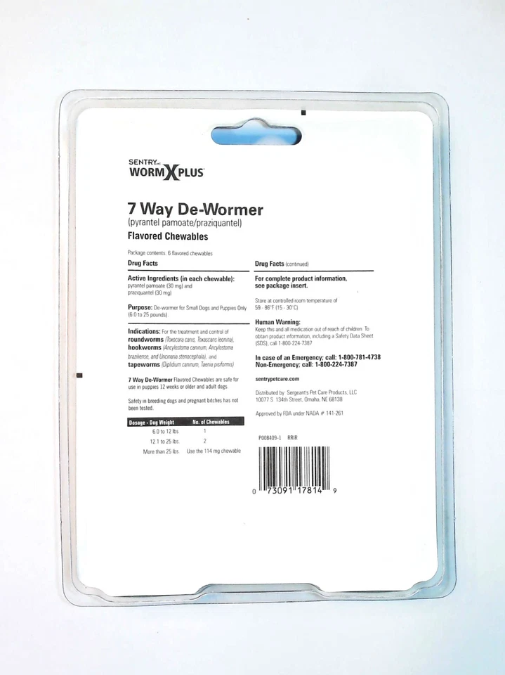 Sentry Worm X Plus 7 Way De-Wormer Small Dogs and Puppies 6-25lbs 6 Chewables - Image 2 of 2