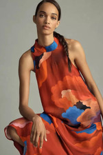 Anthropologie Farm Rio Sleeveless Halter Dress Maxi Floral Silky Clouds S NEW