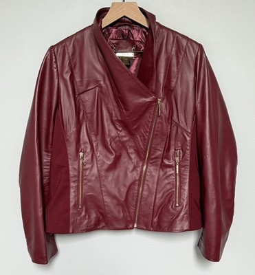 IMAN Women s Genuine Leather Jacket Moto Coat Asymmetrical Zip Burgundy Size L