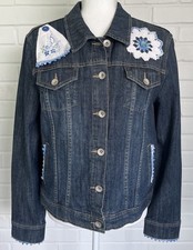 Upcycled Denim Jean Jacket W/Blue Crochet Embroidery Accents One of A Kind Lg