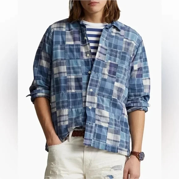 POLO RALPH LAUREN Blue Camp Shirt Patchwork Madras Classic Fit